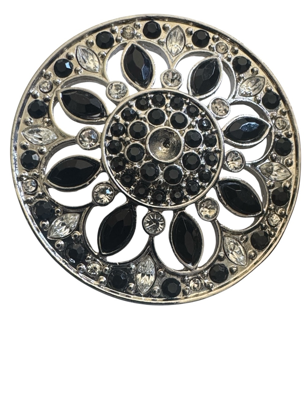 LC Vintage Signed Silvertone Round Black /Rhinestone Brooch Pin
